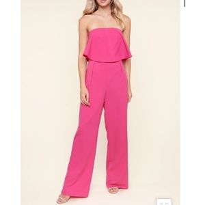 Elvie Strapless Popover Jumpsuit hot pink ruffle long new valentines zipper bold